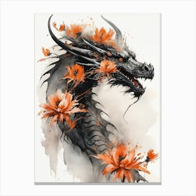 Japanese Dragon Abstract Flowers Painting (12) Canvas Print