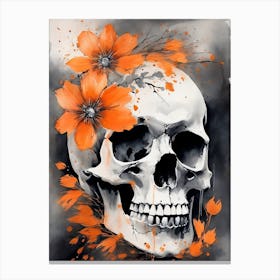 Abstract Skull Orange Flowers Painting (25) Canvas Print
