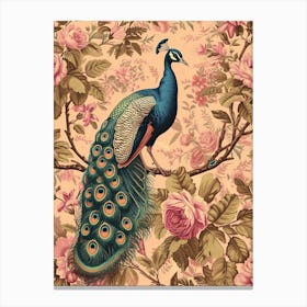 Vintage Sepia Peacock In A Floral Tree Wallpaper Inspired 4 Canvas Print