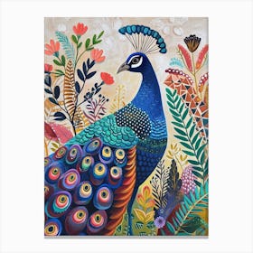 Folky Floral Peacock With The Plants 6 Canvas Print