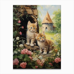 Cute Cats With A Medieval Cottage In The Background 1 Canvas Print
