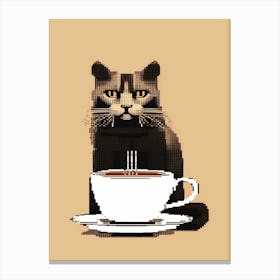 Pixelated Cat With A Cup Of Coffee Canvas Print