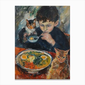 Portrait Of A Boy With Cats Having Ramen 2 Canvas Print