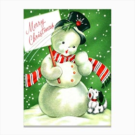 Snowman And A Little Dog Outside Wish You A Merry Christmas Canvas Print