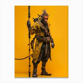 Handsome Sun Wukong From Journey To The West,Handsome Standing,Braid Hairstyle,Holding A Golden Long Stick,Cyberpunk Clothing,Strong Body,Air Borne,Professional Photography Light,Full Body Shot,Red Glowing Led Screen Eyes,Black Car Stampe su tela