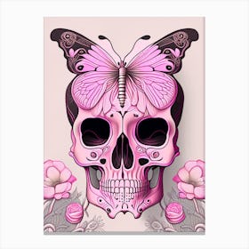 Skull With Butterfly Motifs 1 Pink Line Drawing Canvas Print