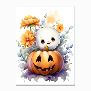 Cute Ghost With Pumpkins Halloween Watercolour 37 Canvas Print