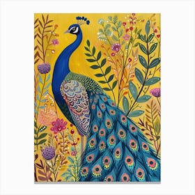 Folk Floral Peacock In The Wild 1 Canvas Print