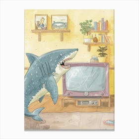 Shark On The Floor Watching Tv In The Living Room Line Illustration Canvas Print
