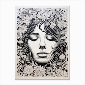 Floral Black & White Face Drawing 1 Canvas Print