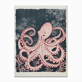 Linocut Inspired Navy Red Octopus With Coral 3 Canvas Print