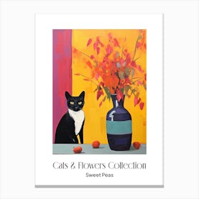Cats & Flowers Collection Sweet Pea Flower Vase And A Cat, A Painting In The Style Of Matisse 0 Canvas Print