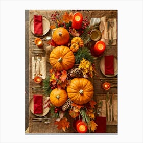 Autumn Harvest Table Centerpiece Overflowing With Gourds And Pumpkins Surrounded By Red And Gold C (4) Canvas Print