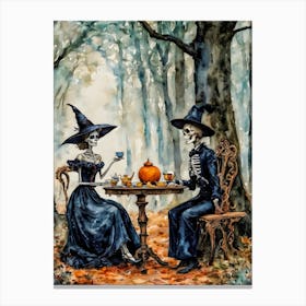 Tea for the Dead ~ Witchy Gothic Skull Skeleton Couple Watercolour Canvas Print
