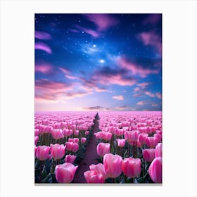 Pink Tulips Field At Night Canvas Print