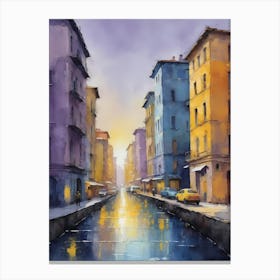 Colored Painting Of A Cityscape,Indigo And Yellow,Purple (20) Canvas Print