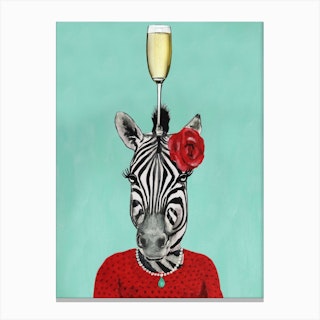 Zebra With Champagne Glass Green & Red Canvas Print