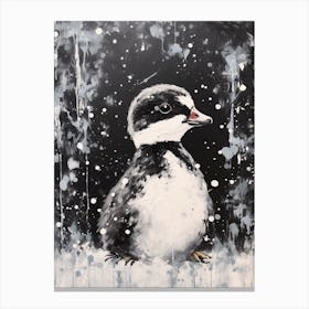 Snow Scene Of Duckling Black & White 3 Canvas Print