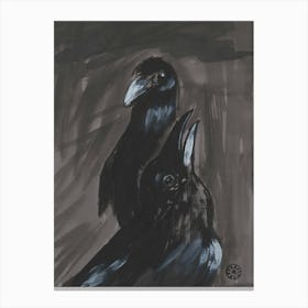Two Crows - ink vertical gray black hand painted birds Canvas Print