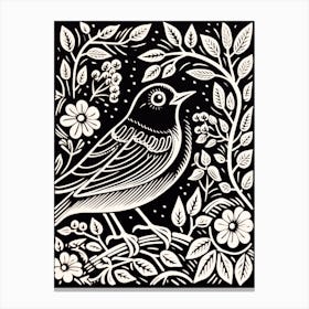 B&W Bird Linocut Robin 3 Canvas Print