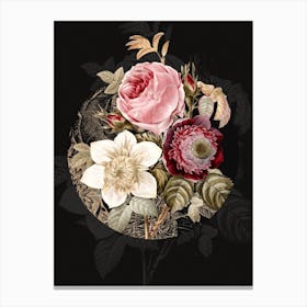 Vintage Botanical Anemone Clematde Rose on Circle Black on Black n.0337 Canvas Print