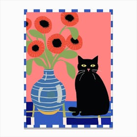 Black Cat With A Vase With Poppies Illustration Canvas Print