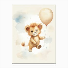 Baby Lion Flying With Ballons, Watercolour Nursery Art 3 Canvas Print