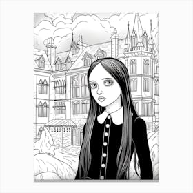 Nevermore Academy With Wednesday Addams And A Cat Line Art 4 Fan Art Canvas Print