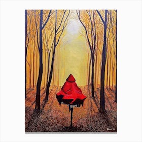 Woman In Red Cape Running Into Woods Golden Sky Canvas Print