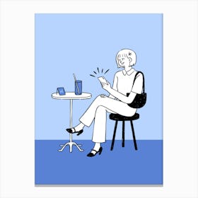 Woman Using Her Phone Coffee Shop Hand Drawing Illustration Canvas Print