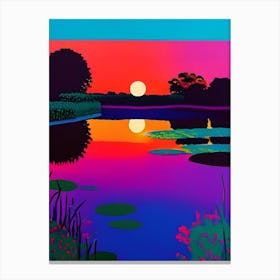 Sunset Over Pond Waterscape Colourful Pop Art 1 Canvas Print