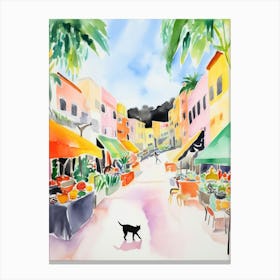 Food Market With Cats In Malibu 3 Watercolour Canvas Print