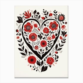 Heart Red & Black Linocut Style White Background 3 Canvas Print
