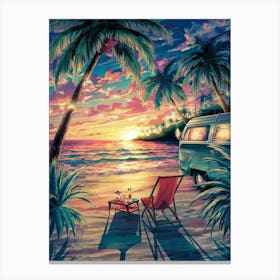 Anime Canvas Art: Sunset Tropical Beach Scene with Camper Van, String Lights, and Calm Ocean, Perfect for Lofi Aesthetic and Relaxing Coastal Decor Lovers. 1 Canvas Print