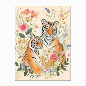 Folksy Floral Animal Drawing Tiger 10 Canvas Print
