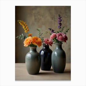 Three Vases With Flowers 1 Canvas Print