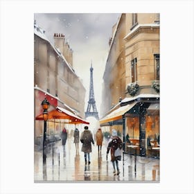 Paris cafes, winter season, Christmas, autumn oil colors, pale colors, pedestrians in the street, winter clothes, falling snow.9 Canvas Print