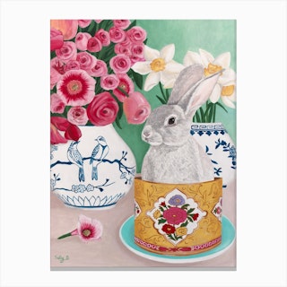 Rabbit With Roses And Daffodils In Chinoiserie Vase Canvas Print