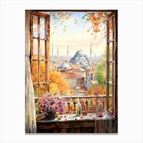 Window View Of Istanbul Turkey In Autumn Fall, Watercolour 4 Canvas Print