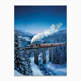 Advertising Poster Featuring A Cutout Steam Train Traversing A Serpentine Viaduct Above A Picturesqu (1) 4 Canvas Print