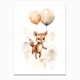 Baby Deer Flying With Ballons, Watercolour Nursery Art 2 Canvas Print