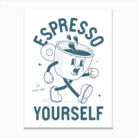 'Espresso Yourself' retro coffee art print in blue Canvas Print