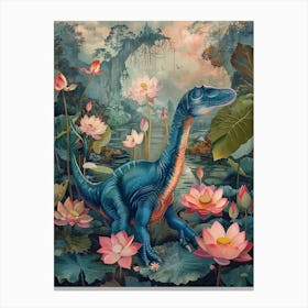 Dinosaur With Lotus Flowers Painting 1 Canvas Print