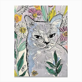 Cute Grey Cat With Flowers Illustration 4 Canvas Print