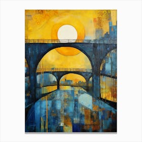 Blue Bridge with Sun III, Modern Vibrant Colorful Painting in Oil Style Canvas Print