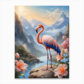 Floral Blue Flamingo Painting (54) Canvas Print
