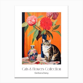 Cats & Flowers Collection Gerbera Daisy Flower Vase And A Cat, A Painting In The Style Of Matisse 2 Canvas Print