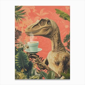 Dinosaur Drinking Coffee Retro Collage 3 Canvas Print