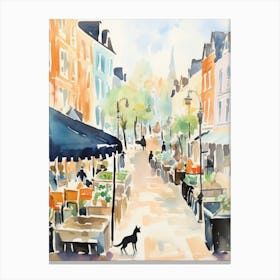 Food Market With Cats In Amsterdam 3 Watercolour Canvas Print