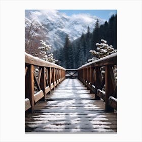 Snowy Wooden Bridge in the Mountains Canvas Print